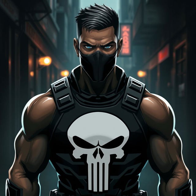 A digital avatar designed with a striking and bold aesthetic, prominently featuring the Punisher logo at the center of the chest