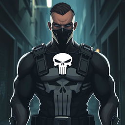 A digital avatar designed with a striking and bold aesthetic, prominently featuring the Punisher logo at the center of the chest