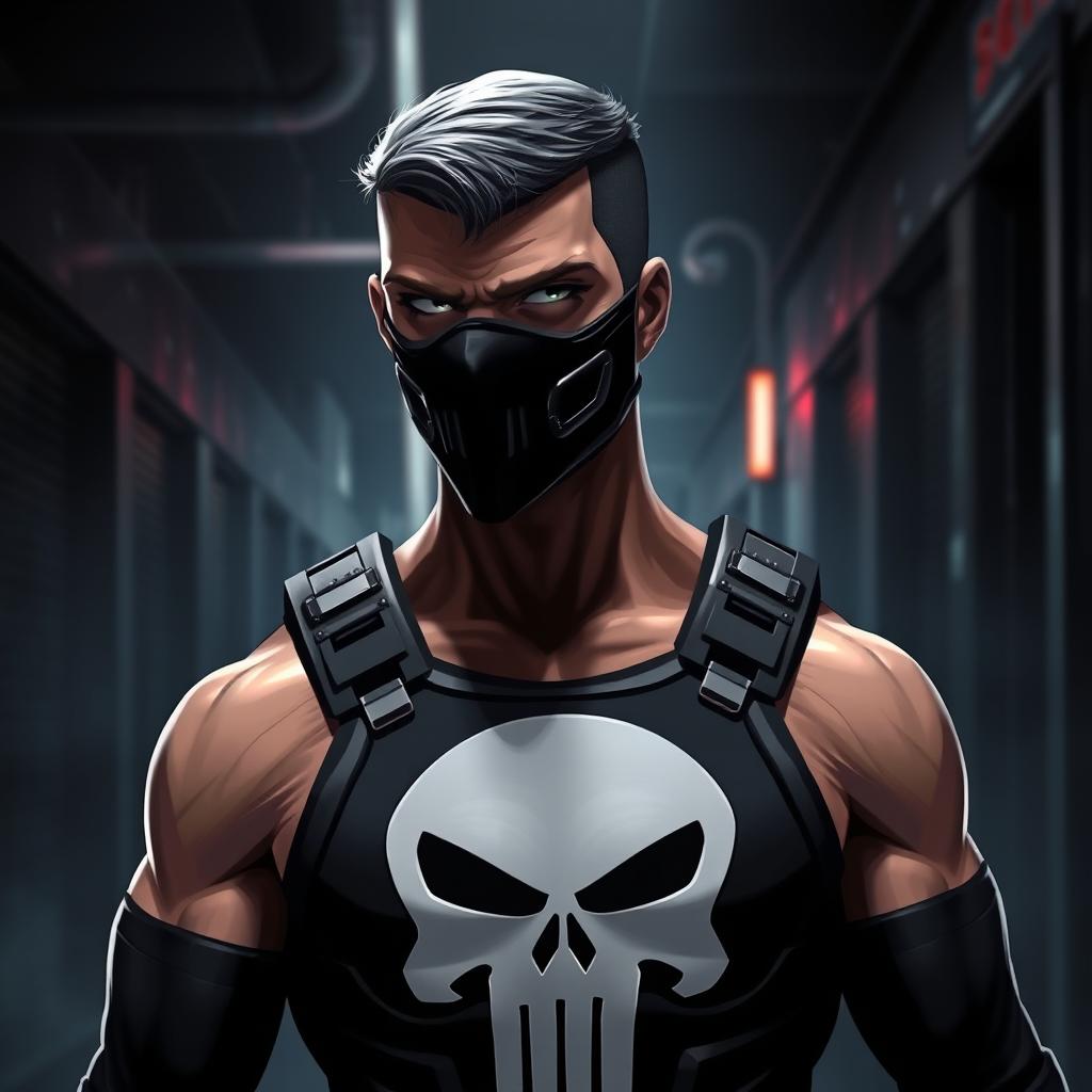 A digital avatar designed with a striking and bold aesthetic, prominently featuring the Punisher logo at the center of the chest