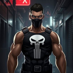 A digital avatar designed with a striking and bold aesthetic, prominently featuring the Punisher logo at the center of the chest