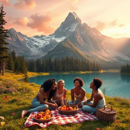 A fantastical landscape featuring a majestic mountain range in the background with a clear blue lake in the foreground, surrounded by lush greenery and colorful wildflowers