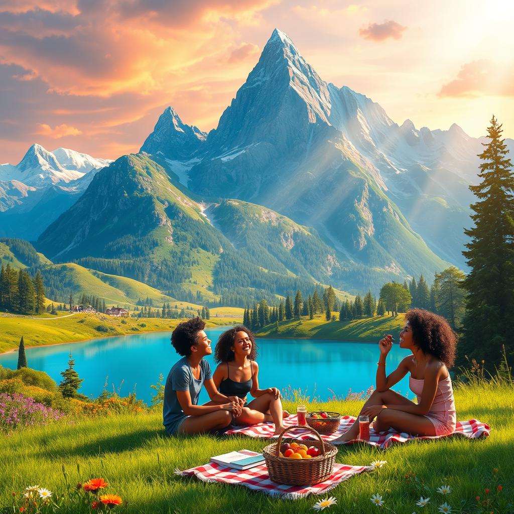 A fantastical landscape featuring a majestic mountain range in the background with a clear blue lake in the foreground, surrounded by lush greenery and colorful wildflowers