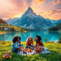 A fantastical landscape featuring a majestic mountain range in the background with a clear blue lake in the foreground, surrounded by lush greenery and colorful wildflowers