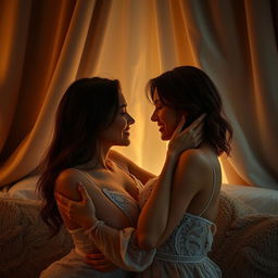 A sensual and intimate scene of a romantic couple embracing in a softly lit room, surrounded by warm textile drapes and plush pillows