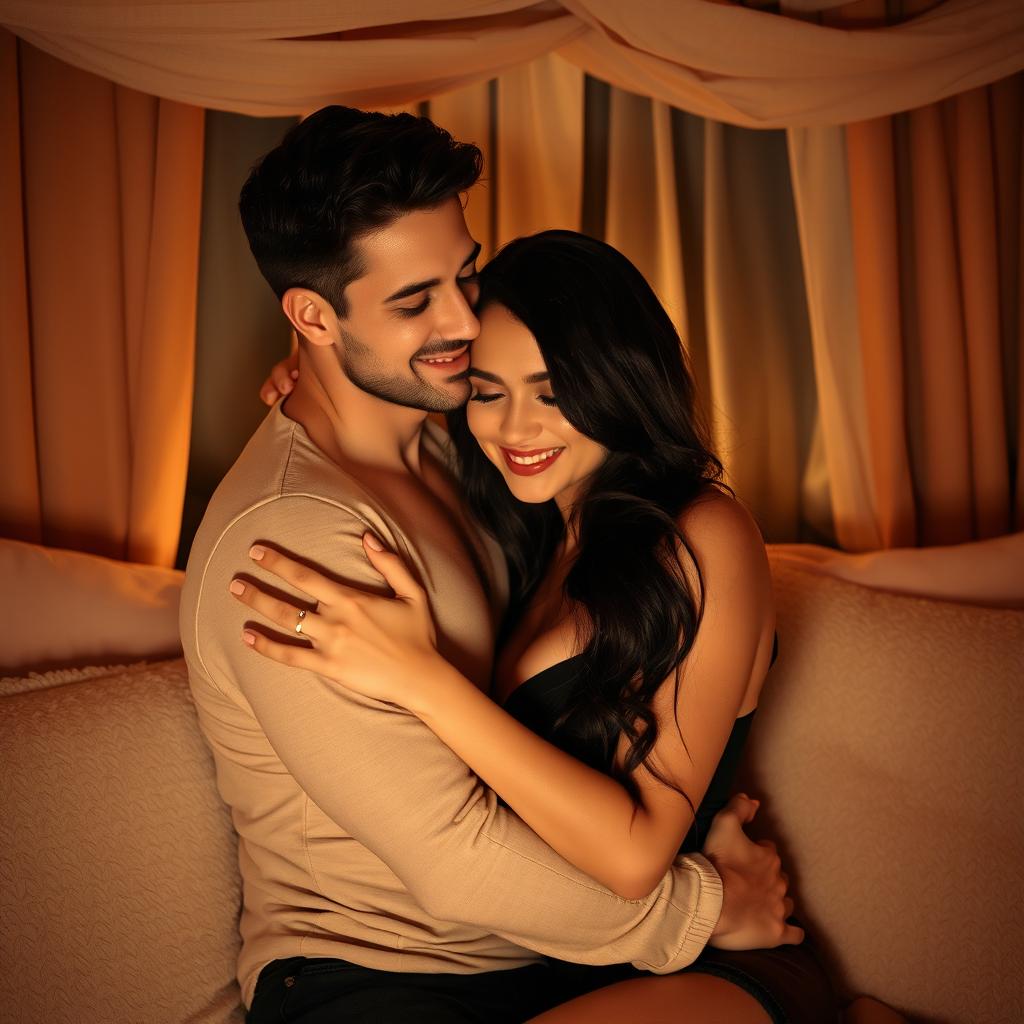 A sensual and intimate scene of a romantic couple embracing in a softly lit room, surrounded by warm textile drapes and plush pillows