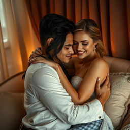 A sensual and intimate scene of a romantic couple embracing in a softly lit room, surrounded by warm textile drapes and plush pillows