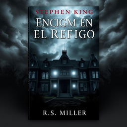A book cover designed in the style of Stephen King featuring a large, dark, and abandoned mansion with flickering lights in the windows