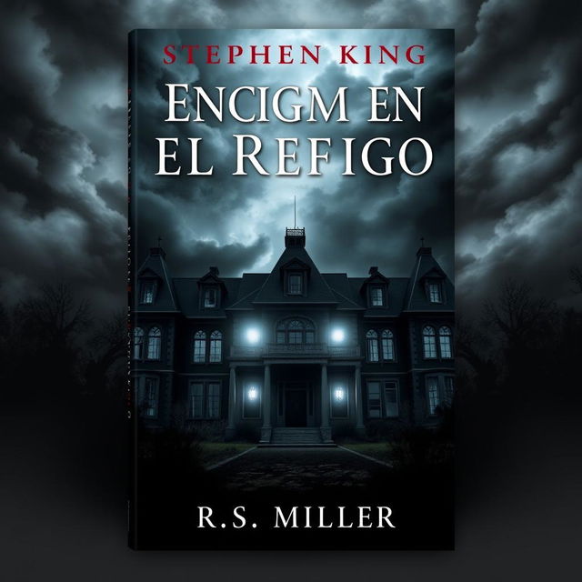 A book cover designed in the style of Stephen King featuring a large, dark, and abandoned mansion with flickering lights in the windows