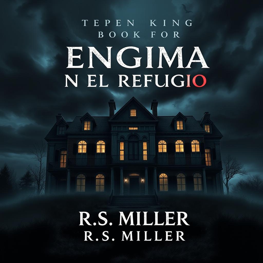 A book cover designed in the style of Stephen King featuring a large, dark, and abandoned mansion with flickering lights in the windows