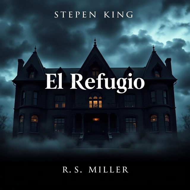 A book cover design in the style of Stephen King featuring a large, dark, ancient, and eerie mansion as the central image