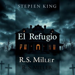 A book cover design in the style of Stephen King featuring a large, dark, ancient, and eerie mansion as the central image