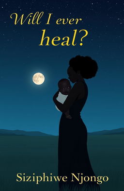 A serene night scene featuring a black woman holding a baby, standing in a vast, open field under a starry sky