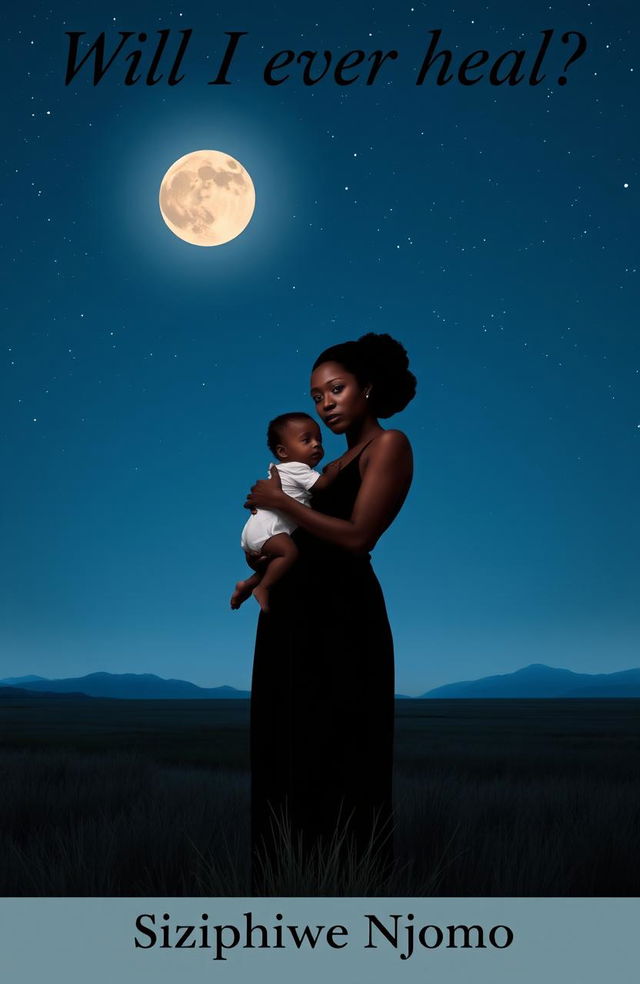 A serene night scene featuring a black woman holding a baby, standing in a vast, open field under a starry sky