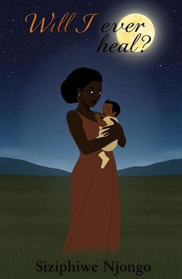 A serene night scene featuring a black woman holding a baby, standing in a vast, open field under a starry sky