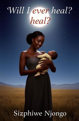 A serene night scene featuring a black woman holding a baby, standing in a vast, open field under a starry sky