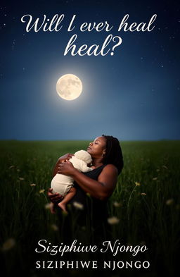 A striking image of a black woman tenderly holding a baby in a tranquil field at night, surrounded by a serene, starry sky