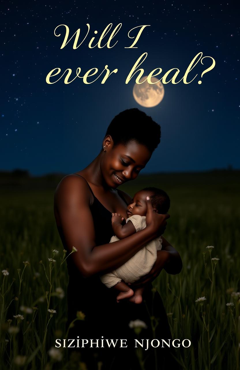 A striking image of a black woman tenderly holding a baby in a tranquil field at night, surrounded by a serene, starry sky