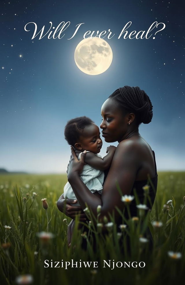 A striking image of a black woman tenderly holding a baby in a tranquil field at night, surrounded by a serene, starry sky