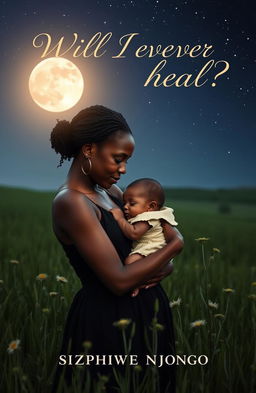 A striking image of a black woman tenderly holding a baby in a tranquil field at night, surrounded by a serene, starry sky