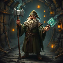 A dwarf mage stands confidently in an old, dimly lit mineshaft, surrounded by ancient stone walls