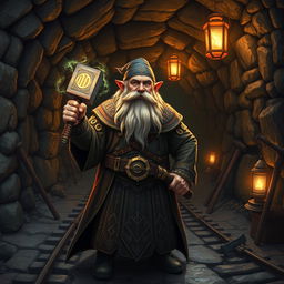 A dwarf mage stands confidently in an old, dimly lit mineshaft, surrounded by ancient stone walls