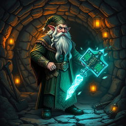 A dwarf mage stands confidently in an old, dimly lit mineshaft, surrounded by ancient stone walls