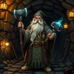 A dwarf mage stands confidently in an old, dimly lit mineshaft, surrounded by ancient stone walls