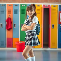 A beautiful middle school girl wearing a stylish and slightly form-fitting school uniform, with a playful expression and lively demeanor, standing in a vibrant school environment with colorful lockers in the background