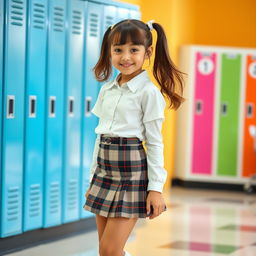 A beautiful middle school girl wearing a stylish and slightly form-fitting school uniform, with a playful expression and lively demeanor, standing in a vibrant school environment with colorful lockers in the background
