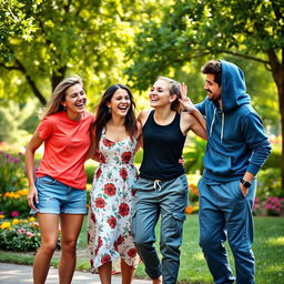 A joyful scene featuring four friends having a great time together in a vibrant park