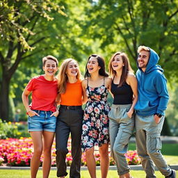 A joyful scene featuring four friends having a great time together in a vibrant park