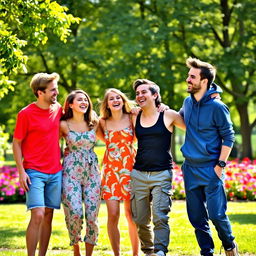 A joyful scene featuring four friends having a great time together in a vibrant park