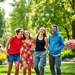 A joyful scene featuring four friends having a great time together in a vibrant park
