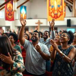 A contemporary and vibrant scene depicting a diverse group of individuals engaged in a Pentecostal church service, with expressive gestures of worship, such as lifting hands and joyful faces