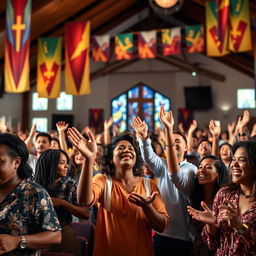 A contemporary and vibrant scene depicting a diverse group of individuals engaged in a Pentecostal church service, with expressive gestures of worship, such as lifting hands and joyful faces