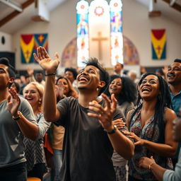 A contemporary and vibrant scene depicting a diverse group of individuals engaged in a Pentecostal church service, with expressive gestures of worship, such as lifting hands and joyful faces