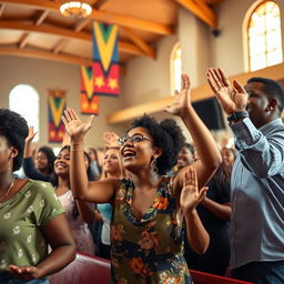 A contemporary and vibrant scene depicting a diverse group of individuals engaged in a Pentecostal church service, with expressive gestures of worship, such as lifting hands and joyful faces