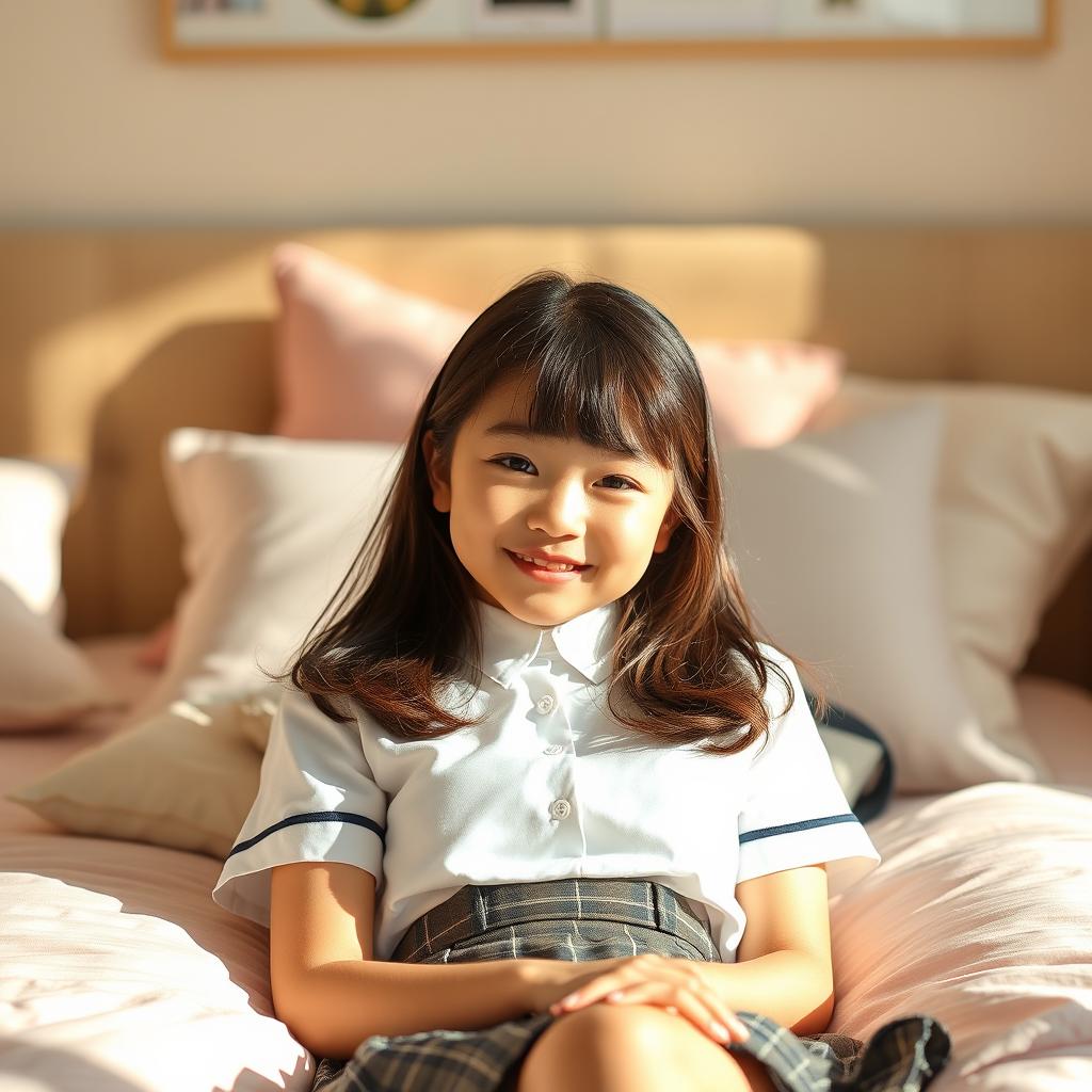 A beautiful middle school girl in a stylish school uniform, lying on a bed in a cozy bedroom