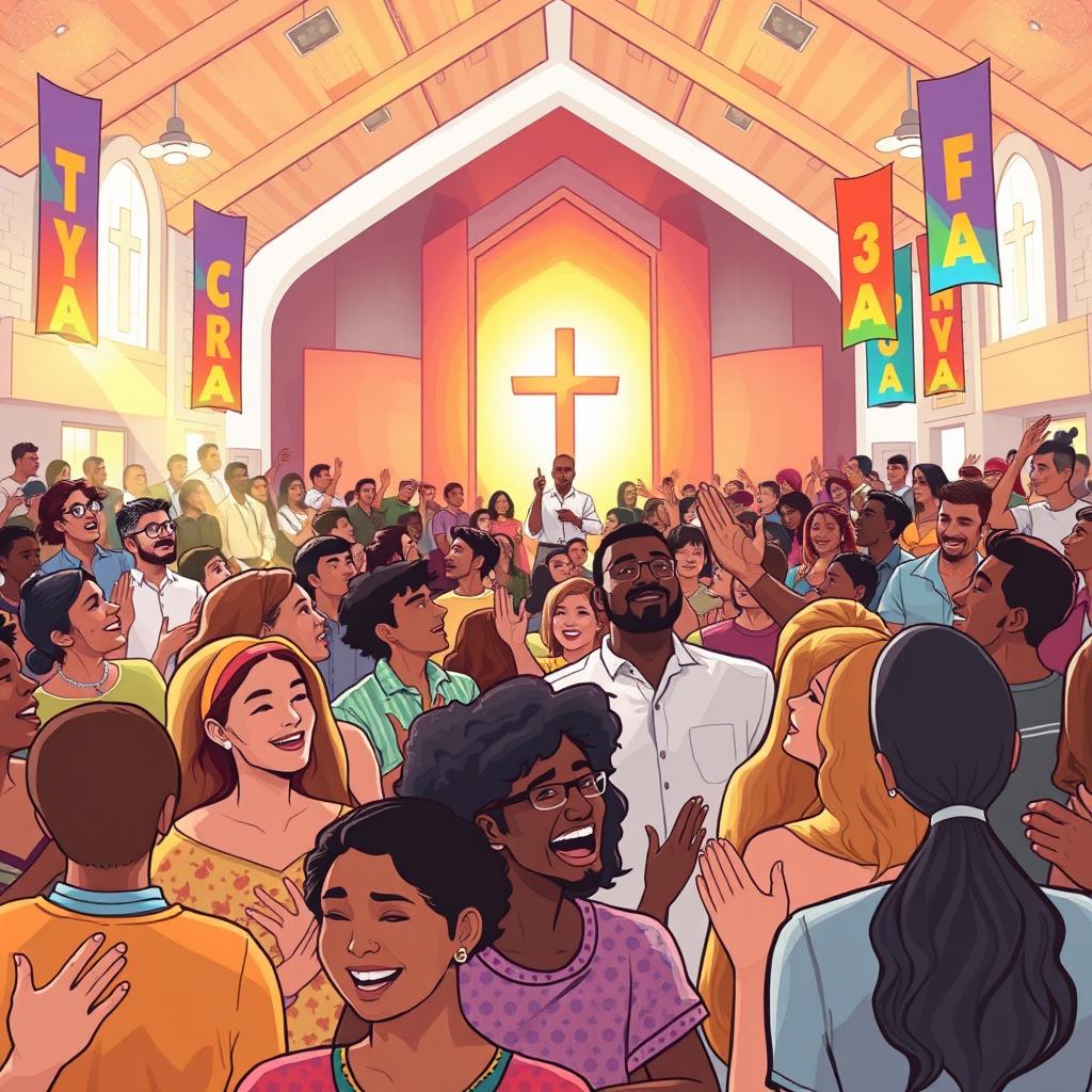 An inviting and dynamic illustration of a modern Pentecostal church service, showcasing a diverse crowd engaged in worship