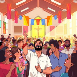 An inviting and dynamic illustration of a modern Pentecostal church service, showcasing a diverse crowd engaged in worship