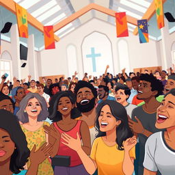 An inviting and dynamic illustration of a modern Pentecostal church service, showcasing a diverse crowd engaged in worship