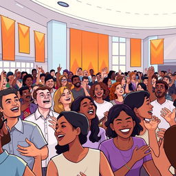 An inviting and dynamic illustration of a modern Pentecostal church service, showcasing a diverse crowd engaged in worship