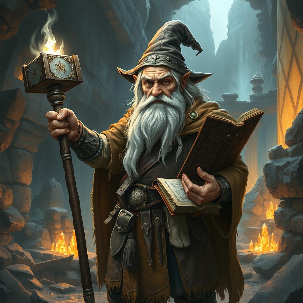 An elderly dwarf mage stands amidst the ruins of an ancient underworld, surrounded by crumbling stone structures and glowing crystal formations