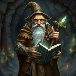 An elderly dwarf mage stands amidst the ruins of an ancient underworld, surrounded by crumbling stone structures and glowing crystal formations