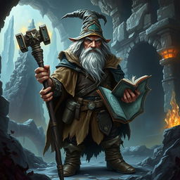 An elderly dwarf mage stands amidst the ruins of an ancient underworld, surrounded by crumbling stone structures and glowing crystal formations