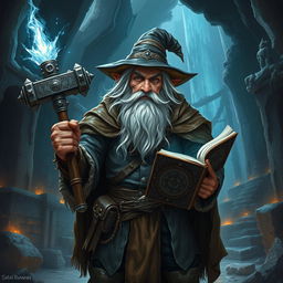An elderly dwarf mage stands amidst the ruins of an ancient underworld, surrounded by crumbling stone structures and glowing crystal formations