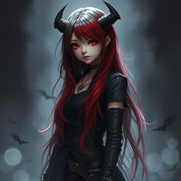 A girl with long hair that transitions from black to red, representing the daughter of a demon and darkness