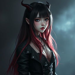 A girl with long hair that transitions from black to red, representing the daughter of a demon and darkness