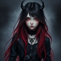 A girl with long hair that transitions from black to red, representing the daughter of a demon and darkness