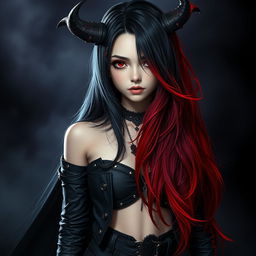 A girl with long hair that transitions from black to red, representing the daughter of a demon and darkness